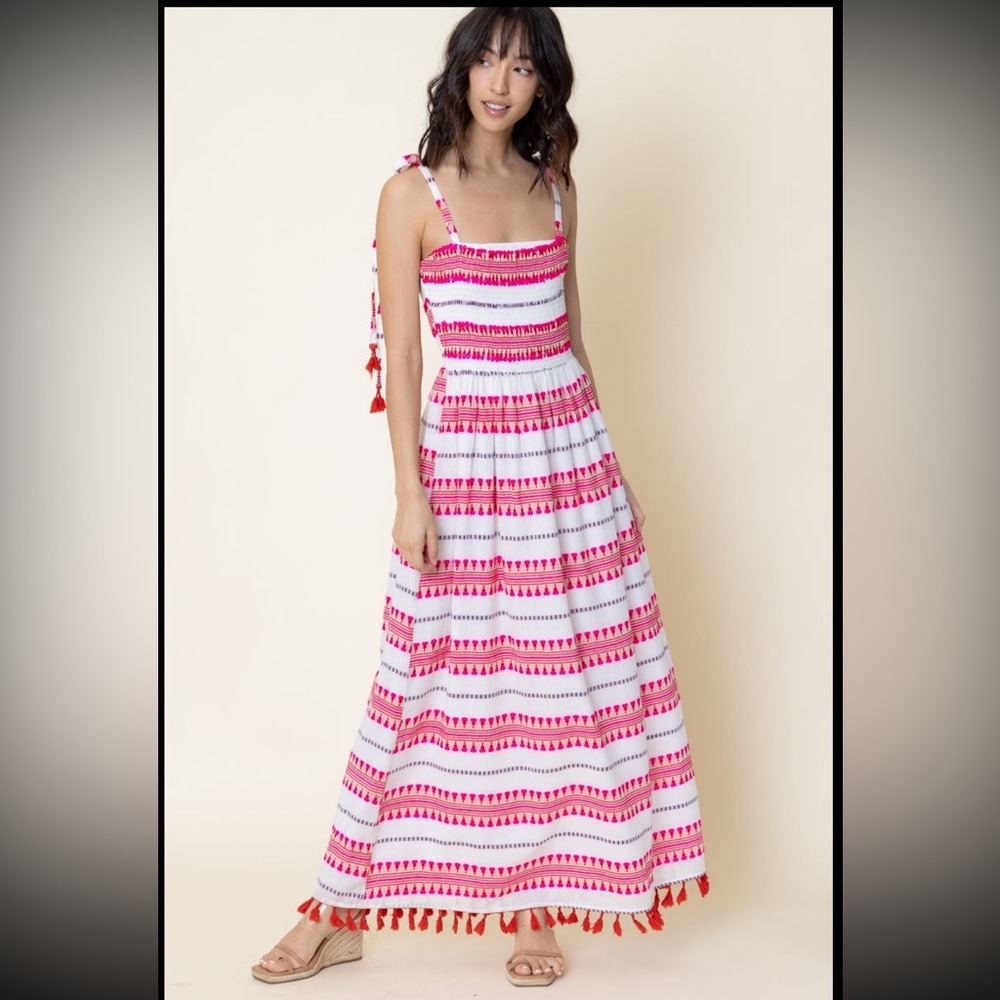 En Creme White Maxi Dress with Pink Stripe Tassels